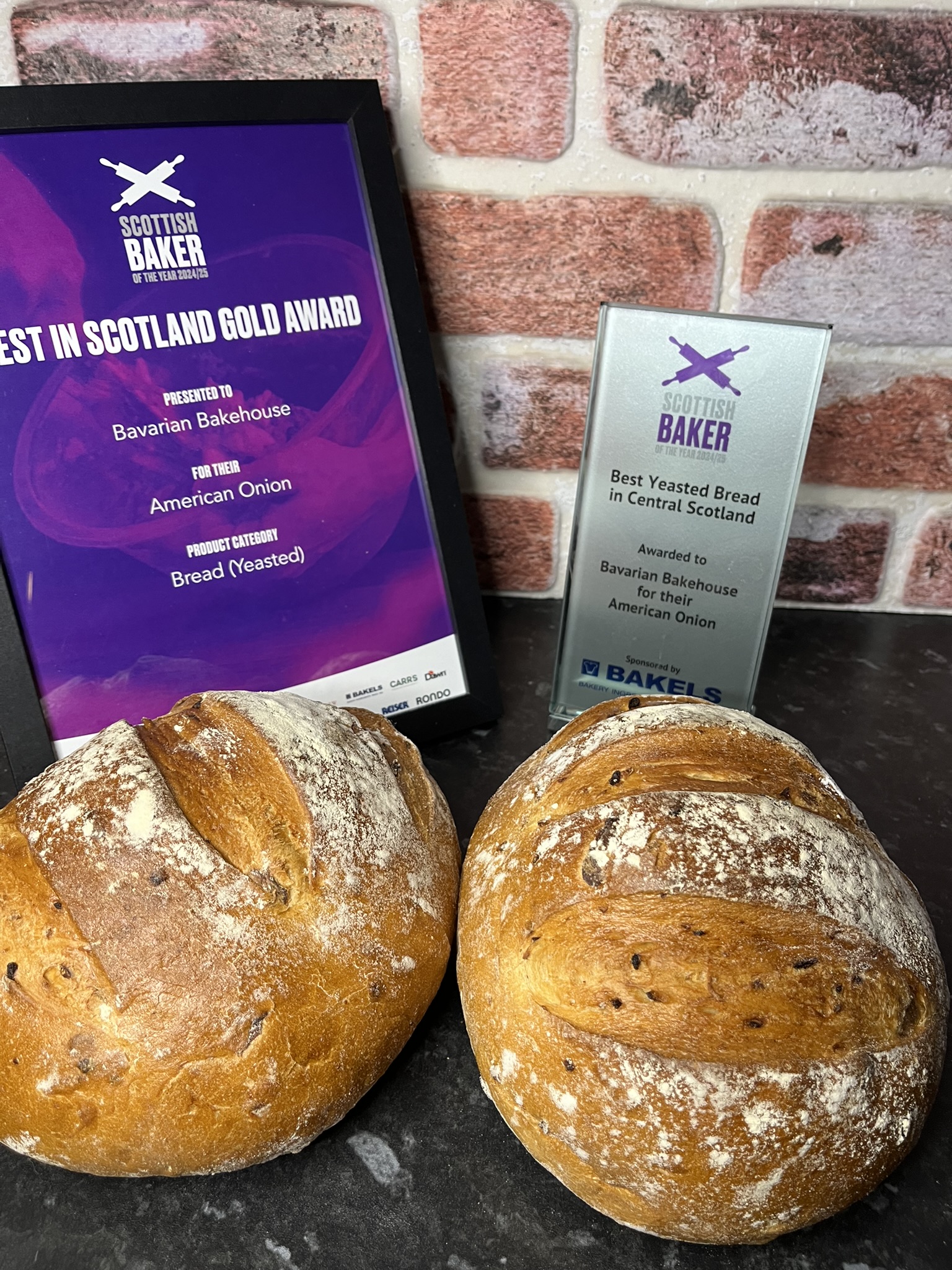 2 american onion cobbs with scottish bakers award and certificate. A sweet and tangy onion flavoured bread.