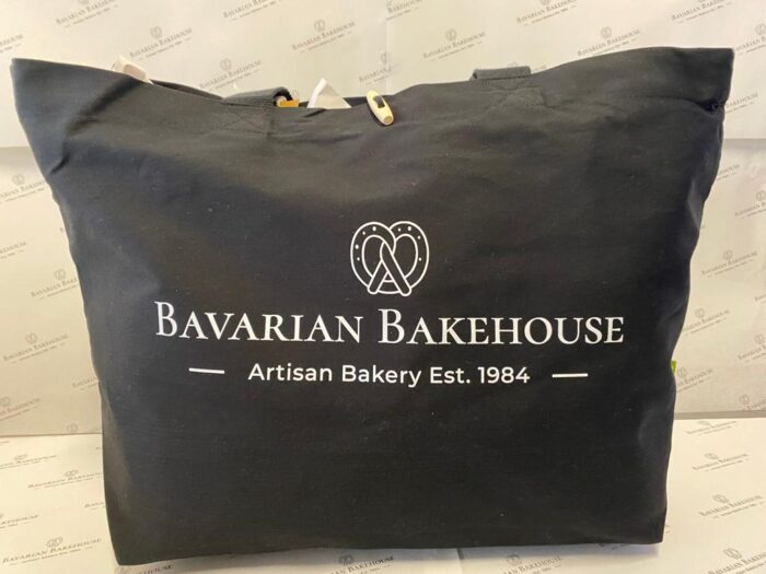 Large black canvas cotton shopper with large bakery logo in white