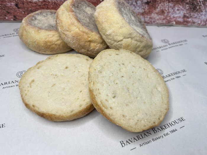 4 round white gluten free english muffins.